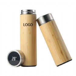 17oz Stainless Steel Bamboo Insulated Bottle With LED Temperature Display Lid